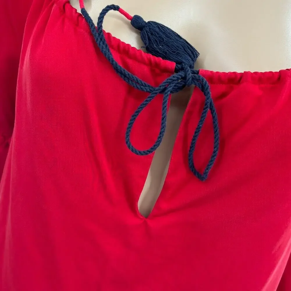 Tory Burch Sylvie Red Silk Tassel Tie Peasant Blouse